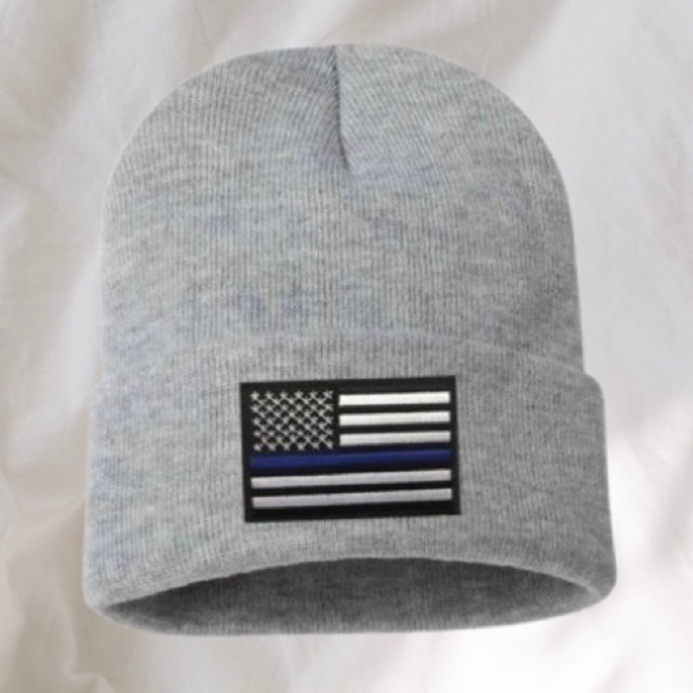 Thin Blue Line Embroidered Flag Gray Beanie